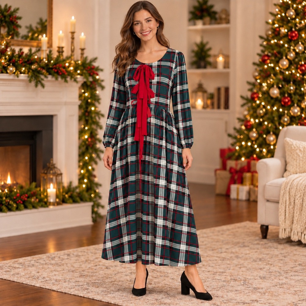Haptics M Green Plaid Maxi Dress Red Bows Christmas Holiday Coquette Cottagecore